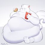  3_toes 4_fingers anthro barefoot belly_on_ground belly_rolls beverage bodily_fluids canid canine canis claws domestic_dog drinking eating eyes_closed fat_rolls feet fingers food fur hi_res holding_beverage holding_food holding_object keo keokeo male mammal moobs morbidly_obese morbidly_obese_male navel nordic_sled_dog nude obese obese_male overweight overweight_male saliva samoyed simple_background sitting smile solo spitz thick_arms thick_thighs toes white_background white_body white_fur 