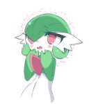  1girl bangs blush bob_cut bright_pupils colored_skin commentary_request flat_chest gardevoir green_hair green_skin hair_between_eyes hands_up highres looking_away looking_to_the_side m3_(gardevoir_m3) multicolored_skin open_mouth pokemon pokemon_(creature) red_eyes short_hair shy simple_background solo two-tone_skin upper_body white_background white_pupils white_skin 
