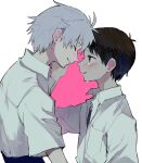  2boys blue_eyes blush closed_eyes dango_(uni_520) grey_hair highres ikari_shinji looking_at_another multiple_boys nagisa_kaworu neon_genesis_evangelion school_uniform smile tokyo-3_middle_school_uniform yaoi 