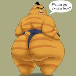  2022 absurd_res anthro asian_clothing big_butt butt clothing colossalstars domestic_cat east_asian_clothing english_text felid feline felis hi_res japanese_clothing male mammal mawashi orange_body overweight overweight_male paws_of_fury:_the_legend_of_hank pink_nose simple_background solo sumo text 