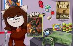  2000s :3 a_kitty_bobo_show anthro astralgloom bedroom brown_hair clothing domestic_cat evanescence felid feline felis female fooly_cooly fur hair halo_(series) invader_zim linkin_park maggie_(kitty_bobo) mammal microsoft nickelodeon scooter solo stickers surge_(drink) sweater tan_body tan_fur topwear video_games xbox xbox_game_studios 