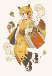  1girl animal_ears bag black_footwear blonde_hair brown_eyes brown_jacket dango_hair_ornament daruma_doll drink floating food-themed_hair_ornament fox_ears fox_girl fox_tail full_body geta hair_ornament highres holding holding_bag holding_drink holding_phone jacket japanese_clothes kimono leaf leaf_hair_ornament light_brown_background looking_at_viewer nanataroo_7 notice_lines original phone shopping_bag short_hair sleeves_past_wrists smokestack_hair_ornament solo tail white_jacket whorled_clouds yellow_kimono 