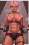  1girl abs absurdres ahoge arms_at_sides bare_shoulders breasts buruma choker cleavage dark-skinned_female dark_skin ear_piercing exercise fluffydus highres large_breasts leg_strap looking_down muscular muscular_female nipple_slip nipples open_mouth original piercing pink_eyes pink_hair short_hair shorts signature sports_bra standing steam steaming_body stomach sweat tearing_clothes thighhighs torn_clothes weightlifting weights 