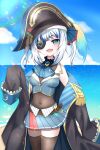  1girl absurdres ascot beach belt bicorne blue_ascot blue_hair blue_hoodie blue_ribbon blue_sky blurry blush bokeh breasts brooch cloud cosplay covered_navel depth_of_field epaulettes eyepatch fish_skeleton gawr_gura hair_ribbon hat highres hololive hololive_english hood hoodie horizon houshou_marine houshou_marine_(cosplay) jewelry kaisin_ao looking_at_viewer midriff ocean off_shoulder pleated_skirt ribbon sand sharp_teeth skirt sky sleeves_past_wrists small_breasts smile solo teeth thighhighs thighs twintails virtual_youtuber water zettai_ryouiki 