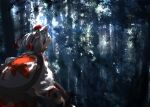  1girl absurdres animal_ears bangs dappled_sunlight forest from_behind hat highres holding holding_sword holding_weapon inubashiri_momiji leaf leaf_print light_rays looking_back maple_leaf maple_leaf_print nature open_mouth shield short_hair solo sunbeam sunlight sword tassel tokin_hat touhou tree ushitsuchi weapon white_hair wide_sleeves wolf_ears 