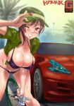  1girl bent_over bikini blush breasts brown_hair car cleavage g27z grin ground_vehicle hair_between_eyes hanging_breasts hat highres holding holding_clothes holding_hat holding_hose hose large_breasts looking_at_viewer motor_vehicle one_eye_closed open_clothes open_shirt outdoors purple_bikini red_eyes short_sleeves sky smile summer sweat swimsuit teeth tree triage_x tsurugi_miki wet wet_clothes 