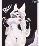  2022 anthro big_breasts breasts canid canid_demon demon dialogue genitals hellhound helluva_boss hi_res knightmoonlight98 loona_(helluva_boss) mammal nipples pussy solo text 