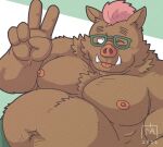  2022 anthro belly big_belly brown_body eyewear glasses goyemon_k humanoid_hands kemono male mammal moobs musclegut nipples one_eye_closed overweight overweight_male solo suid suina sus_(pig) wild_boar wink 