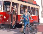  ace_attorney ascot bicycle black_hair bus cape father_and_daughter formal ground_vehicle hat highres long_sleeves miles_edgeworth motor_vehicle outdoors phoenix_wright smile suit trucy_wright turquoise_mika 