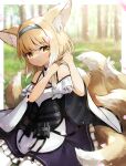  1girl absurdres animal_ears arknights bare_shoulders black_bag black_vest blonde_hair blue_hairband colored_tips dress eyebrows_visible_through_hair fox_ears fox_girl fox_tail hairband hands_up highres kitsune kyuubi long_hair looking_at_viewer multicolored_hair multiple_tails outdoors pantyhose pouch purple_dress seijiikeuchi sitting smile solo split_mouth suzuran_(arknights) tactical_clothes tail two-tone_dress tying_hair vest white_dress white_hair white_legwear yellow_eyes 