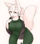  anthro big_breasts biped black_claws black_clothing black_nose black_pawpads black_shirt black_topwear blush breasts canid canine cheek_tuft chest_tuft chipar claws clothed clothing colored curvy_figure digital_media_(artwork) eyelashes facial_tuft female finger_claws fluffy fluffy_tail fox front_view fully_clothed fur green_overalls grey_eyes hair hair_bun inner_ear_fluff kemono looking_at_viewer mammal mature_anthro mature_female monotone_body monotone_fur monotone_hair off_shoulder open_mouth open_smile overalls pawpads pink_inner_ear portrait pupils raised_tail shaded shirt short_hair simple_background slit_pupils smile snout solo standing thick_thighs three-quarter_portrait topwear tuft voluptuous whiskers white_background white_body white_ears white_fur white_hair white_inner_ear_fluff white_tail wide_hips 
