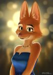  2022 anthro blue_clothing blue_dress blue_topwear blurred_background canid canine clothing daniel_tibana diane_foxington dreamworks dress female fireworks fox fur hi_res inner_ear_fluff jewelry mammal necklace signature smile solo the_bad_guys topwear tuft 