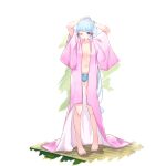  1girl absurdres arms_behind_head arms_up ass_visible_through_thighs bangs barefoot bathrobe blue_eyes blue_pants blush breasts breasts_apart collarbone commentary_request full_body genshin_impact hair_ornament hair_tie highres kamisato_ayaka long_hair medium_breasts mouth_hold navel one_eye_closed pants pink_robe solo standing tatami tomu_(kpnlbrhiyfkj5uk) tying_hair very_long_hair white_background 