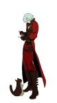  1boy blue_eyes boots cat coat dante_(devil_may_cry) devil_may_cry_(series) devil_may_cry_2 food gloves hallot holding holding_food looking_at_hand male_focus pet_food red_coat simple_background solo standing upper_body white_background white_hair 