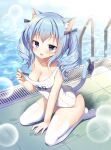  1girl animal_ear_fluff animal_ears artist_request black_bow blue_hair blush bow breasts bubble cat_ears cat_girl cat_tail check_artist cleavage clothes_pull collarbone double-parted_bangs hair_bow kneeling mauve medium_breasts one-piece_swimsuit one-piece_swimsuit_pull open_mouth original poolside purple_eyes ronne-chan_(mauve) sitting solo swimsuit tail tail_bow tail_ornament thighhighs third-party_source twintails wariza white_one-piece_swimsuit white_thighhighs 