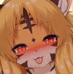 2024 anthro blonde_hair bodily_fluids brown_body brown_fur cropped cute_fangs digital_media_(artwork) fangs felid female female_anthro fur hair half-closed_eyes horokusa0519 kemono looking_at_viewer mammal multicolored_body multicolored_fur narrowed_eyes naughty_face orange_body orange_fur pantherine pink_nose pupils red_eyes saliva slit_pupils solo sweat sweatdrop teeth tiger tongue tongue_out tora-chan_(horokusa) white_body white_fur