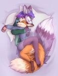 2024 anthro bird&#039;s-eye_view blep blue_nose brown_body brown_fur canid canine clothed clothing cuddling digital_media_(artwork) dipstick_tail duo fox fur hi_res high-angle_view leg_markings mammal markings orange_body orange_fur pawpads pink_pawpads purple_body purple_fur socks_(marking) tail tail_markings tongue tongue_out white_body white_fur yshanii