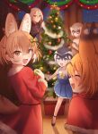  5girls animal_ears bald_eagle_(kemono_friends) black_hair blonde_hair bow bowtie brown_eyes brown_hair cat_ears cat_girl christmas christmas_tree common_dolphin_(kemono_friends) dhole_(kemono_friends) dress extra_ears feathered_wings glasses gloves grey_hair head_wings highres jacket kemono_friends kemono_friends_3 long_hair meerkat_(kemono_friends) mitorizu_02 multiple_girls night ribbon sailor_dress santa_costume serval_(kemono_friends) short_hair sweater tail wings wolf_ears wolf_girl wolf_tail 