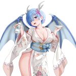  1girl absurdres alternate_costume blue_eyes blue_hair breasts chinese_zodiac cleavage commentary_request commission dragon_girl dragon_wings gibun_(sozoshu) highres japanese_clothes kimono large_breasts looking_at_viewer pixiv_commission re:zero_kara_hajimeru_isekai_seikatsu rem_(re:zero) simple_background solo white_background white_kimono wings year_of_the_dragon 