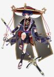  1boy androgynous arm_guards armor asymmetrical_armor black_armor black_hat black_shorts black_socks blackchild_owl blue_eyes blunt_ends clothing_request commentary_request full_body genshin_impact gold_trim grey_hat hat hat_ornament highres holding holding_polearm holding_weapon japanese_armor japanese_clothes jingasa kitain_cross_spear_(genshin_impact) kneehighs kote kurokote leg_up looking_at_viewer male_focus medium_hair multicolored_clothes multicolored_hat multicolored_shorts open_mouth polearm purple_hair purple_shorts red_hat sandals scaramouche_(genshin_impact) short_sleeves shorts shoulder_pads simple_background single_shoulder_pad socks solo stirrup_legwear toeless_legwear veil weapon white_background wide_sleeves 