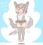  1girl animal_ears arms_up blue_background coroha elbow_gloves extra_ears full_body gloves grey_hair jumping kemono_friends looking_at_viewer otter_ears otter_girl otter_tail scarf short_hair simple_background small-clawed_otter_(kemono_friends) solo swimsuit tail thighhighs 