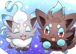  alternate_color animal_focus black_fur blue_background blush closed_eyes commentary_request grey_fur hisuian_zorua lor_zorua mane no_humans open_mouth pokemon pokemon_(creature) red_eyes shiny_pokemon zorua 