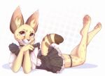 2024 anthro brown_body brown_fur clothing digital_media_(artwork) feet_up felid feline female fur grin hi_res inner_ear_fluff looking_at_viewer lying maid_uniform mammal on_front pawpads pink_pawpads serval smile solo spots spotted_body spotted_fur tuft uniform yellow_body yellow_fur yshanii