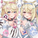  2girls animal_ear_fluff animal_ears bandaid bandaid_hair_ornament belt_collar black_collar blonde_hair blue_eyes blue_hair blue_nails blush breasts cleavage cleavage_cutout closed_mouth clothing_cutout collar cropped_shirt dog_ears dog_girl fuwawa_abyssgard fuwawa_abyssgard_(1st_costume) hair_ornament hairpin headphones headphones_around_neck highres hololive hololive_english large_breasts long_hair looking_at_viewer medium_hair mococo_abyssgard mococo_abyssgard_(1st_costume) multicolored_hair multiple_girls nail_polish one_eye_closed open_mouth pink_eyes pink_hair pink_nails saabyboi shirt siblings sisters smile spiked_collar spikes streaked_hair tongue tongue_out twins two_side_up virtual_youtuber white_shirt x_hair_ornament 
