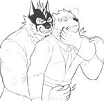 anthro canid canine canis clothing dog_operator domestic_dog duo embrace felid grin hug hugging_from_behind lifewonders live_a_hero male mammal mask necktie nikukyu299paw one_eye_closed pantherine protagonist_(live_a_hero) ryekie_(live_a_hero) smile suit superhero tiger wink