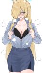  1girl animal_ear_fluff animal_ears black_bra black_pantyhose blonde_hair blue_archive blue_eyes blue_halo blue_shirt blue_skirt blush bra breasts cleavage collarbone cowboy_shot hair_over_one_eye halo highres kanna_(blue_archive) large_breasts long_hair long_sleeves open_mouth pantyhose shirt simple_background skirt solo tsumayouji_(tumayog) underwear white_background 