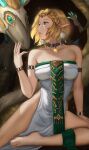  1girl armlet bare_shoulders barefoot blonde_hair blue_eyes blurry blurry_background bracelet braid breasts claws closed_mouth collarbone colored_sclera commentary_request crown_braid dragon dress earrings eyelashes feet green_eyes jewelry large_breasts light_dragon_(zelda) magatama magatama_necklace necklace pointy_ears princess_zelda purple_sclera short_hair side_slit sitting strapless strapless_dress the_legend_of_zelda the_legend_of_zelda:_tears_of_the_kingdom thighs tiara two-tone_eyes wei_(promise_0820) white_dress 