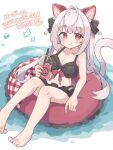  absurdres animal_ears cat_ears cat_girl cat_tail colon_br commission full_body highres juice long_hair on_water original red_eyes skeb_commission swimsuit tail very_long_hair white_hair 