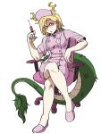  1girl absurdres alternate_costume blonde_hair commentary commission dragon_girl dragon_horns dragon_tail dress eddybird55555 full_body highres holding holding_syringe horns kicchou_yachie looking_at_viewer nurse open_mouth pantyhose pink_dress pink_footwear pink_headwear red_eyes short_hair short_sleeves simple_background solo syringe tail touhou turtle_shell white_background 