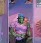  1boy black_shorts cellphone colored_skin commentary dragon_ball durag english_commentary full-length_mirror green_skin highres holding holding_phone indoors male_focus momopatchi namekian phone piccolo purple_shirt selfie shirt shoes short_sleeves shorts sitting smartphone solo unworn_shoes 