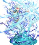  1girl aqua_hair aura bangs belt breasts dark_aura dress eyebrows_visible_through_hair fire_emblem fire_emblem:_the_blazing_blade fire_emblem_heroes floating floating_object full_body glowing glowing_eyes gradient gradient_clothes hair_ornament highres ice konfuzikokon long_dress long_hair looking_at_viewer medium_breasts ninian_(fire_emblem) non-web_source official_art open_mouth red_eyes shiny shiny_hair sleeveless sleeveless_dress snowflakes solo stone transparent_background turtleneck 