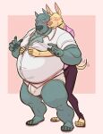 absurd_res anthro belly big_belly blush canid canine clothing duo hi_res lizard_soup looking_down male male/male mammal motion_lines overweight overweight_anthro overweight_male pawpads paws size_difference smaller_male soft_belly standing tail unbuttoned_shirt unbuttoning underwear