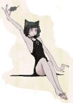  1girl animal_ears arm_at_side arm_up armpits bare_arms bare_legs bare_shoulders barefoot bell cat_ears cat_girl choker closed_mouth convenient_leg dress end80236189 fingernails flat_chest full_body green_hair highres holding holding_toy jingle_bell knees_up long_finger long_fingernails looking_ahead neck_bell original short_hair sitting sleeveless sleeveless_dress soles solo stuffed_animal stuffed_mouse stuffed_toy toy white_background 