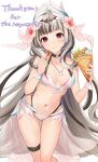 1girl alternate_costume ass_visible_through_thighs bikini black_hair breasts choker feather_hair_ornament feathers fire_emblem fire_emblem_engage food grey_hair hair_ornament haru_(nakajou-28) highres holding holding_food long_hair looking_at_viewer multicolored_hair navel petite purple_eyes small_breasts solo swimsuit two-tone_hair very_long_hair veyle_(fire_emblem) white_bikini 