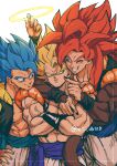  absurdres anger_vein biceps black_wristband blue_eyes blue_sash body_fur dragon_ball dragon_ball_gt dragon_ball_super dragon_ball_z gogeta halo highres male_focus metamoran_vest monkey_boy monkey_tail multiple_persona muscular muscular_male no_nipples pants pectorals red_hair relio_db318 sash simple_background smile spiked_hair super_saiyan super_saiyan_1 super_saiyan_4 super_saiyan_blue tail veins veiny_hands white_pants 