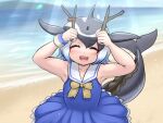  1girl animal_ears beach black_hair blonde_hair blowhole blue_hair blush bow cetacean_tail common_dolphin_(kemono_friends) dolphin_girl dorsal_fin dress fake_horns fins fish_tail flower grey_hair horns kelp kemono_friends kemono_friends_3 looking_at_viewer mo23 multicolored_hair open_mouth sailor_collar shirt short_hair sleeveless smile solo tail twig white_hair 