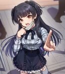  1girl black_bow black_bowtie black_hair black_ribbon black_skirt blurry blurry_background blurry_foreground bow bowtie brown_eyes collared_shirt commentary cowboy_shot depth_of_field foreshortening frilled_skirt frills frown grey_shirt grey_thighhighs hair_ribbon highres idolmaster idolmaster_shiny_colors kamille_(vcx68) long_hair looking_at_viewer mask mask_pull mayuzumi_fuyuko miniskirt mouth_mask open_mouth plaid plaid_shirt pointing pointing_at_viewer pulled_by_self ribbon shirt skirt solo sparkle standing surgical_mask thighhighs two_side_up 