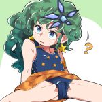  1girl ? blue_eyes earrings final_fantasy final_fantasy_iv green_hair groin hair_ornament jewelry leotard long_hair looking_at_viewer open_mouth rydia_(ff4) simple_background solo star_(symbol) star_earrings yucopi 