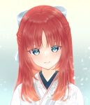  1girl blue_eyes blush bow genshin_impact hair_bow half_updo highres japanese_clothes kimono led_awaame looking_at_viewer nilou_(genshin_impact) smile solo upper_body 
