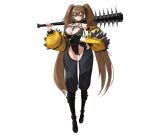  1girl bare_shoulders belt black_footwear boots breasts brown_eyes brown_hair chain closed_mouth club_(weapon) collar collarbone covered_navel detatched_sleeves grey_background grey_pupils hair_between_eyes hand_on_hip highres holding holding_club kou_(kokounene) large_breasts long_hair o-ring original over_shoulder simple_background solo spiked_club spiked_collar spikes twintails very_long_hair weapon weapon_over_shoulder 