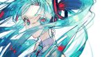  1girl aqua_eyes aqua_hair aqua_necktie commentary_request grey_shirt hatsune_miku headphones highres long_hair looking_at_viewer multicolored_eyes multicolored_hair nakaba_(mode) necktie portrait red_eyes red_hair shirt simple_background solo twintails very_long_hair vocaloid white_background 