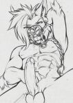 abs accelo anthro athletic balls braided_hair cage_muzzle chain felid genitals hair hi_res licking licking_lips long_hair looking_at_viewer lying male mammal monochrome muzzle_(object) muzzled penis saber-toothed_tiger solo steele_(accelo) tongue tongue_out