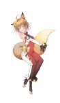 1girl absurdres ahoge animal_ears breasts detached_sleeves dress fox_ears fox_girl fox_tail full_body highres holding_own_tail light_brown_hair luren_dog original simple_background small_breasts tail toeless_legwear white_background yellow_eyes 