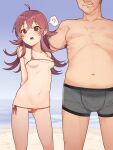  1boy 1girl ? arms_behind_back bangs beach bikini blush breasts covered_nipples day eyebrows_visible_through_hair faceless faceless_male hair_between_eyes hand_on_another&#039;s_shoulder height_difference highres idolmaster idolmaster_shiny_colors komiya_kaho long_hair looking_at_viewer loose_bikini male_underwear medium_breasts micro_bikini outdoors parted_lips red_bikini red_eyes red_hair side-tie_bikini smile spoken_question_mark sweat swimsuit topless_male umashio underwear 