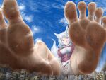  1girl animal_ears aonagi_ibane bad_link barefoot building city cloud cloudy_sky day debris dirty dirty_feet feet foot_focus giant giantess grey_hair highres inubashiri_momiji licking_lips on_ground ruins sitting sky soles tongue tongue_out touhou 