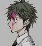  1boy 37vo_ov blood blood_on_face brown_eyes brown_hair closed_mouth collared_shirt danganronpa_(series) danganronpa_2:_goodbye_despair green_necktie grey_background hinata_hajime male_focus necktie pink_blood portrait shirt short_hair simple_background solo spiked_hair 